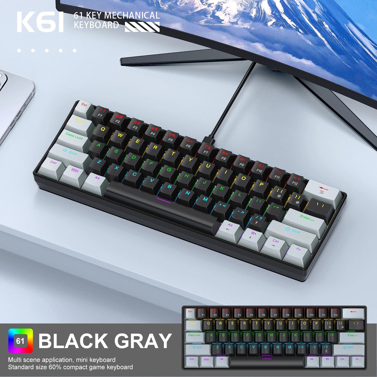 APAYADO K61 Teclado Mecánico RGB 61 Teclas con Cable USB