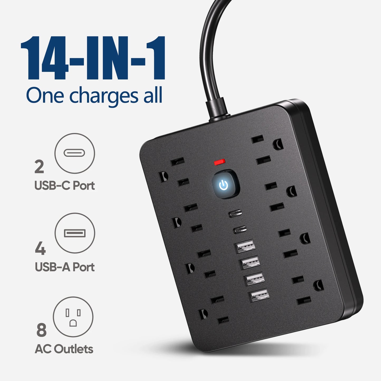 Multicontacto 14 en 1 con USB y USB-C Protector de Sobretensión